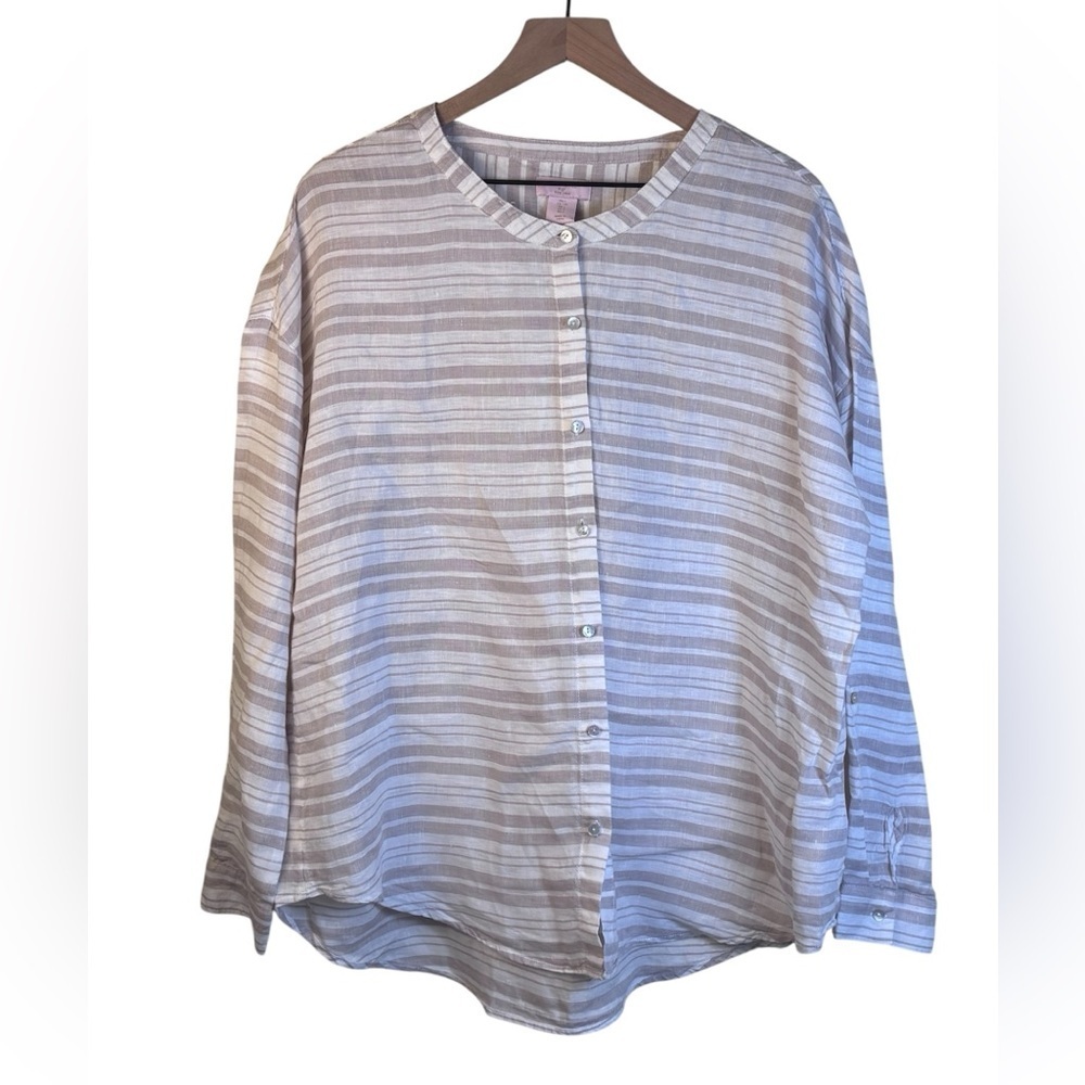 ST. TROPEZ WEST Tan/Cream Striped Button-Up Shirt Blouse Top 100% Linen Large